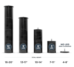 Adjustable base legs can be set for a total base height ranging from 4" to 20" high.