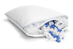 image of the Cloud Adjustable Pillow with the cover and inside liner unzipped with the fill coming out